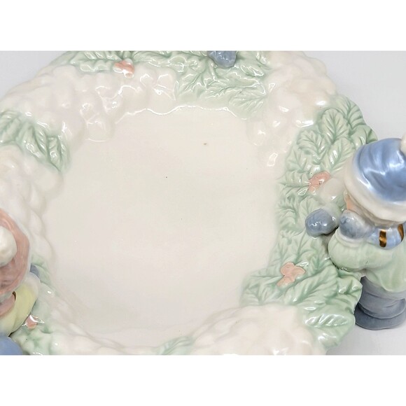 Holiday Ceramic Candy Dish with Winter Children Figurines Snow Cracker Barrel - Picture 11 of 17